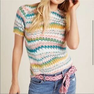 Anthropologie fuzzy Italian marbled paper sweater size XS rainbow